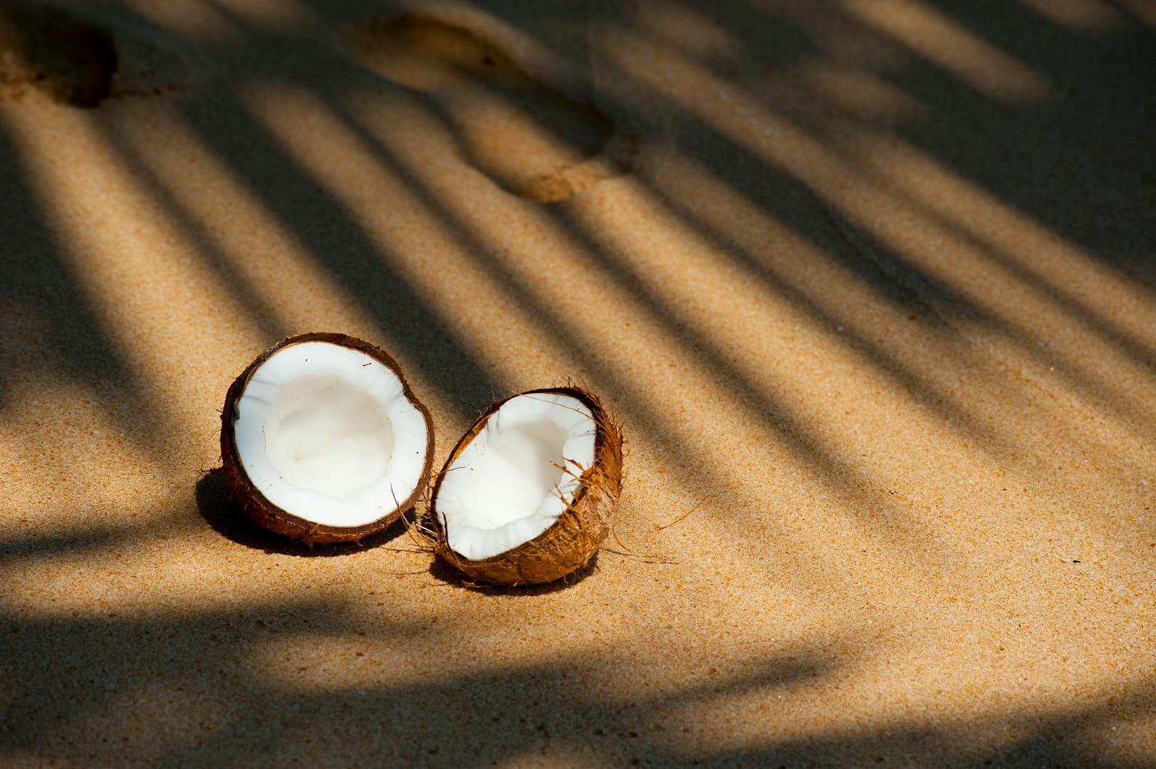 opened coconut on sands representing coconut oil